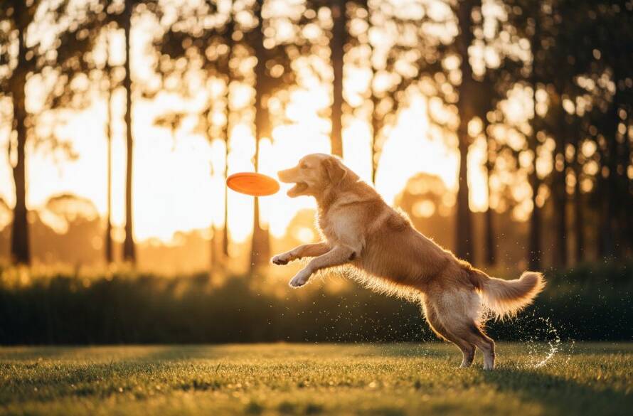 A heartwarming, epic moment captured in Sunshine, Victoria, showing a playful golden retriever mid-leap, fetching a ball in a sun-drenched park, perfectly illustrating heartfelt pet photography Sunshine Vic. Professional photography with dramatic lighting and vibrant colours.