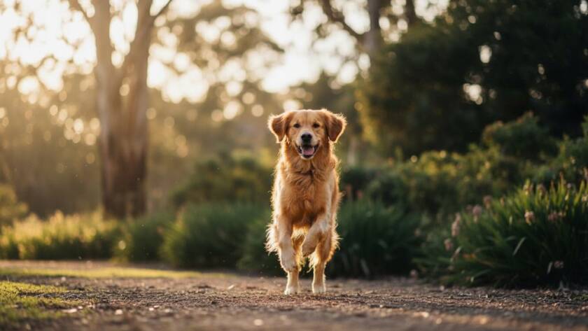 An epic, emotionally resonant photograph capturing a golden retriever joyfully leaping through golden hour light in a Vermont park, embodying heartfelt pet photography Vermont.