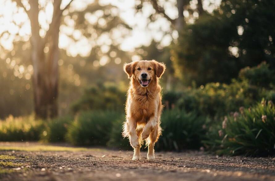 An epic, emotionally resonant photograph capturing a golden retriever joyfully leaping through golden hour light in a Vermont park, embodying heartfelt pet photography Vermont.