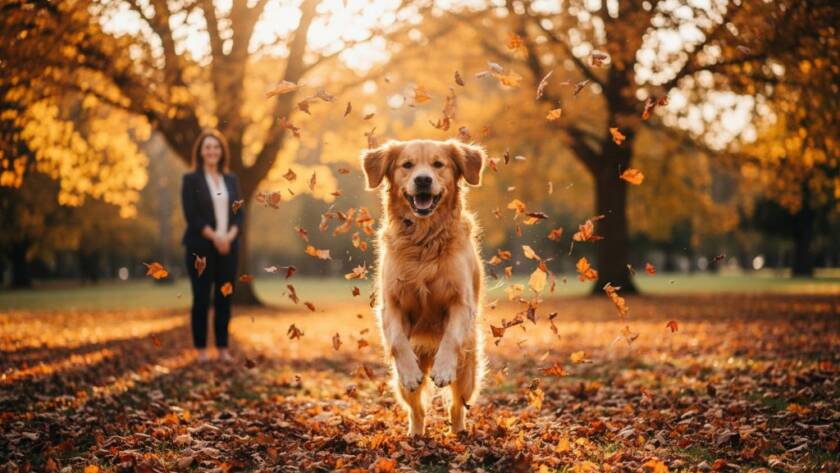 A heartwarming, professionally color-graded photograph capturing an epic moment of a golden retriever joyfully leaping through autumn leaves in a Wheelers Hill park, its owner smiling in the background. This heartfelt pet photography Wheelers Hill parks scene embodies pure happiness and connection.