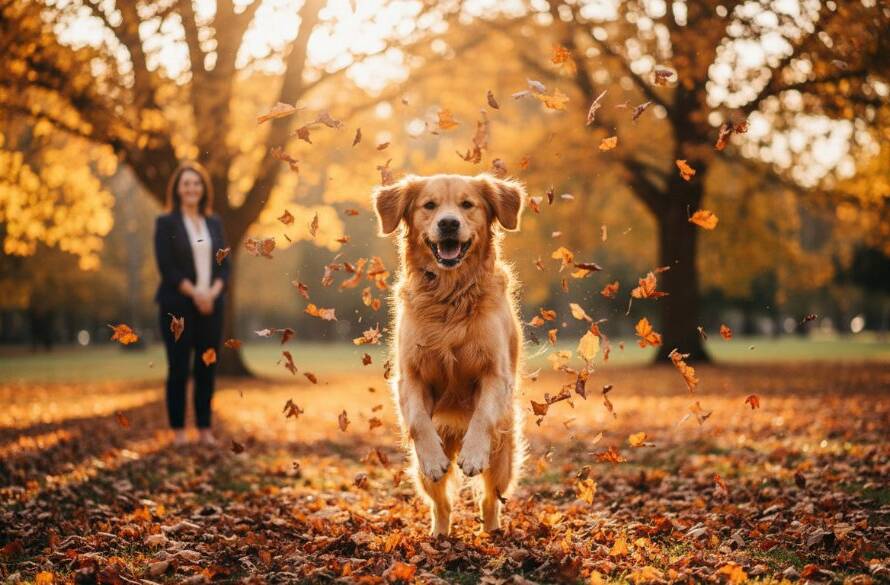 A heartwarming, professionally color-graded photograph capturing an epic moment of a golden retriever joyfully leaping through autumn leaves in a Wheelers Hill park, its owner smiling in the background. This heartfelt pet photography Wheelers Hill parks scene embodies pure happiness and connection.