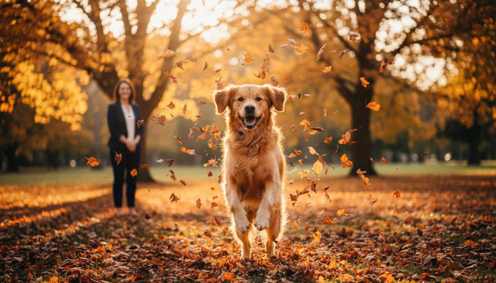 A heartwarming, professionally color-graded photograph capturing an epic moment of a golden retriever joyfully leaping through autumn leaves in a Wheelers Hill park, its owner smiling in the background. This heartfelt pet photography Wheelers Hill parks scene embodies pure happiness and connection.
