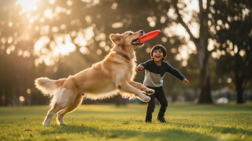 A golden retriever, mid-leap, joyfully playing with a child in a sun-drenched park in Bentleigh East, capturing heartfelt pet photos Bentleigh East family, with dramatic golden hour lighting, depicting an epic moment of connection.