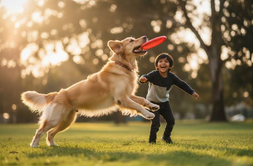 A golden retriever, mid-leap, joyfully playing with a child in a sun-drenched park in Bentleigh East, capturing heartfelt pet photos Bentleigh East family, with dramatic golden hour lighting, depicting an epic moment of connection.