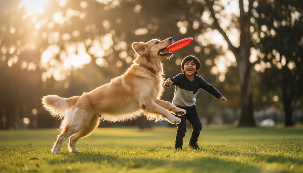 A golden retriever, mid-leap, joyfully playing with a child in a sun-drenched park in Bentleigh East, capturing heartfelt pet photos Bentleigh East family, with dramatic golden hour lighting, depicting an epic moment of connection.