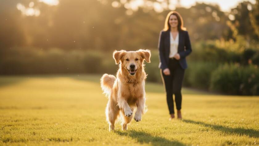 An epic, emotionally resonant photograph capturing heartfelt pet portraits Glen Waverley, showing a golden retriever leaping joyfully through a sun-drenched park, with its owner smiling warmly in the background, professional colour grading and dramatic lighting.