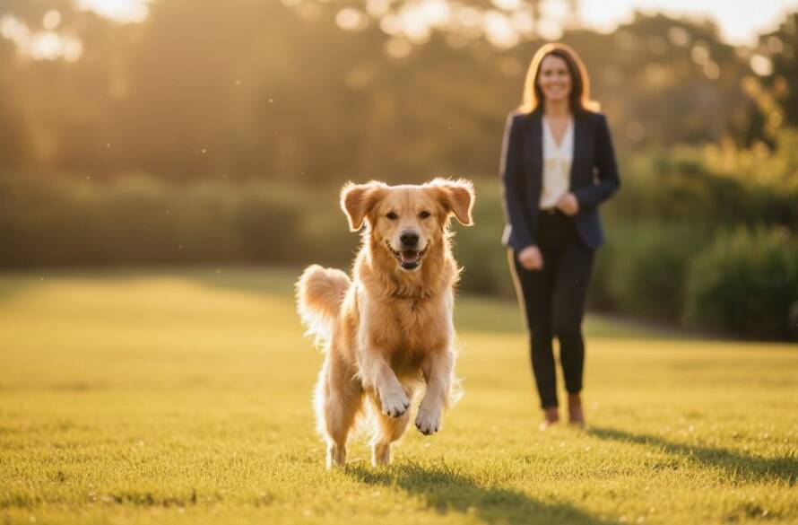 An epic, emotionally resonant photograph capturing heartfelt pet portraits Glen Waverley, showing a golden retriever leaping joyfully through a sun-drenched park, with its owner smiling warmly in the background, professional colour grading and dramatic lighting.