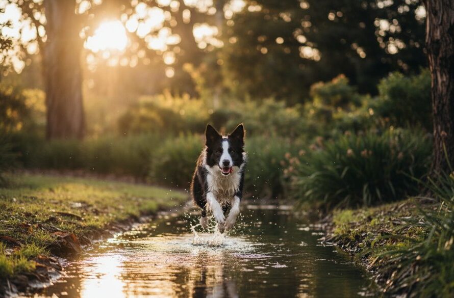 A majestic golden retriever, mid-leap through golden hour light at the Hamilton Botanic Gardens, embodying the joy and spirit of heartfelt pet portraits Hamilton Victoria. Professional, cinematic pet photography.