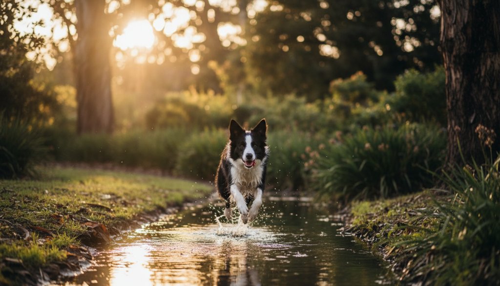 A majestic golden retriever, mid-leap through golden hour light at the Hamilton Botanic Gardens, embodying the joy and spirit of heartfelt pet portraits Hamilton Victoria. Professional, cinematic pet photography.