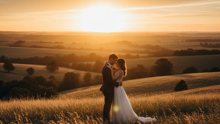 A breathtaking photograph capturing a heartfelt romantic Huntly Victoria wedding moment, with the couple silhouetted against a golden sunset over rolling pastoral hills, dramatic light highlighting their embrace, showcasing the rustic beauty of the region.