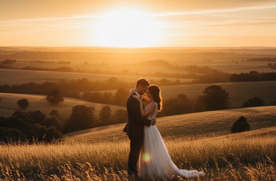 A breathtaking photograph capturing a heartfelt romantic Huntly Victoria wedding moment, with the couple silhouetted against a golden sunset over rolling pastoral hills, dramatic light highlighting their embrace, showcasing the rustic beauty of the region.