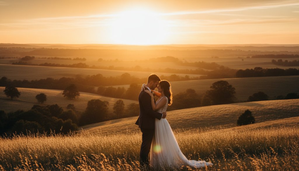 A breathtaking photograph capturing a heartfelt romantic Huntly Victoria wedding moment, with the couple silhouetted against a golden sunset over rolling pastoral hills, dramatic light highlighting their embrace, showcasing the rustic beauty of the region.