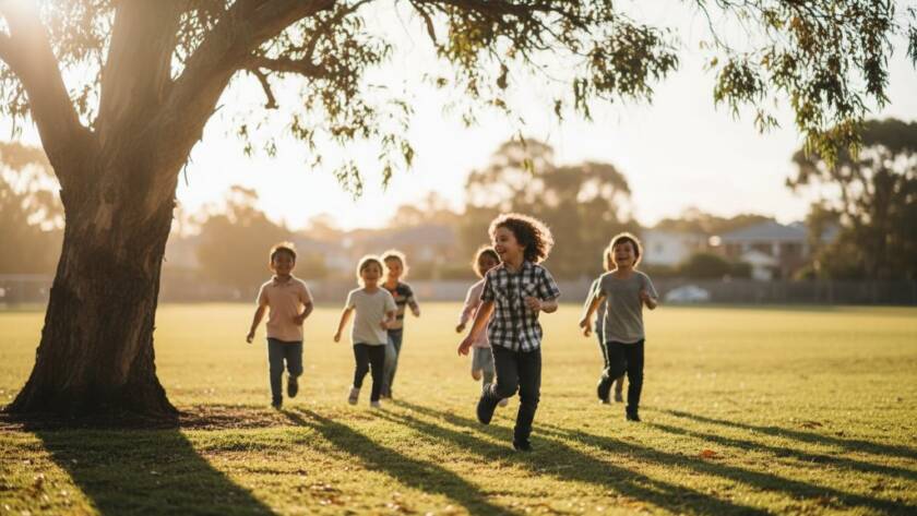 A vibrant, low-angle shot of students laughing joyfully at a school fete in Chelsea Heights, Victoria, captured during heartfelt school photography moments, with golden hour sunlight creating lens flare, conveying pure fun and community spirit.