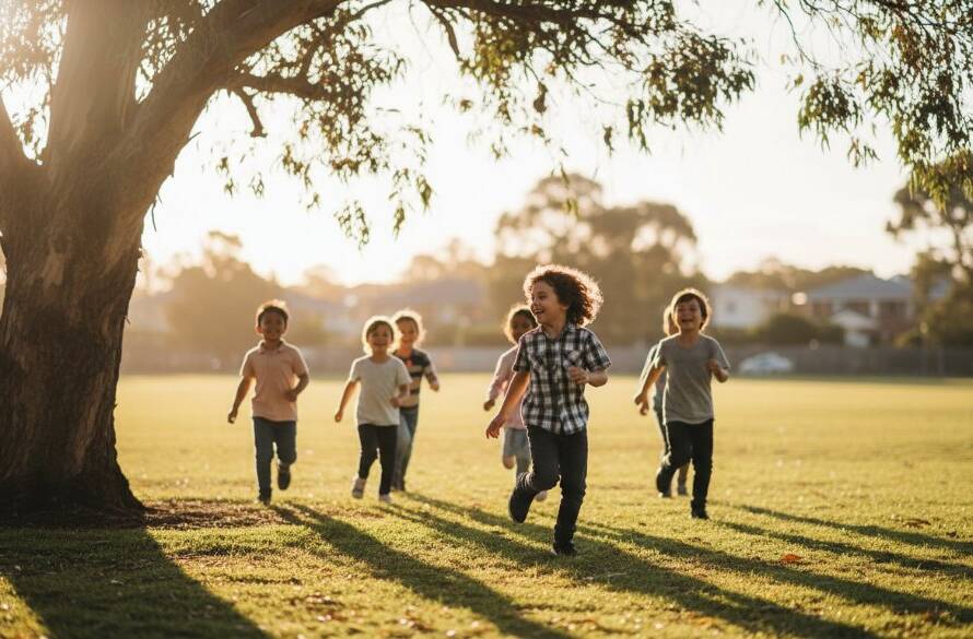 A vibrant, low-angle shot of students laughing joyfully at a school fete in Chelsea Heights, Victoria, captured during heartfelt school photography moments, with golden hour sunlight creating lens flare, conveying pure fun and community spirit.