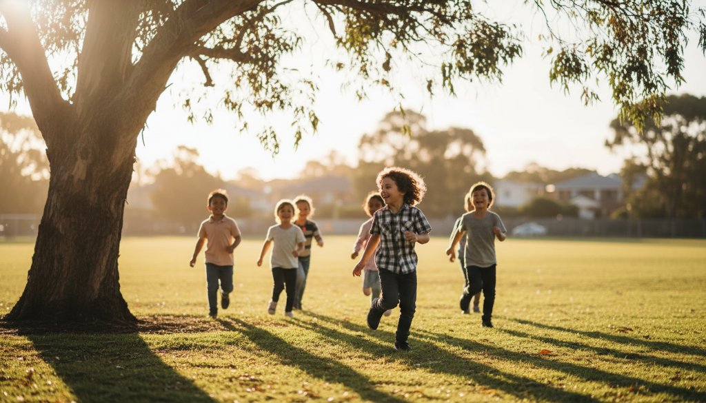 A vibrant, low-angle shot of students laughing joyfully at a school fete in Chelsea Heights, Victoria, captured during heartfelt school photography moments, with golden hour sunlight creating lens flare, conveying pure fun and community spirit.