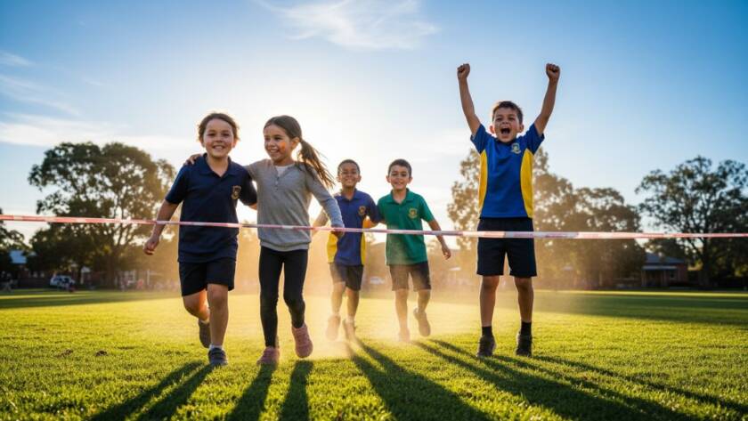 An emotionally resonant, wide-angle shot of a group of joyful primary school children in McKinnon, Victoria, celebrating a sporting victory on a sunny oval, perfectly embodying heartfelt school photography moments McKinnon Victoria with natural, candid expressions and dynamic movement, captured with dramatic, golden hour lighting.