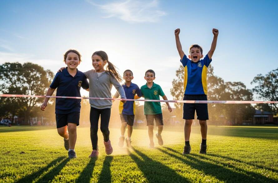 An emotionally resonant, wide-angle shot of a group of joyful primary school children in McKinnon, Victoria, celebrating a sporting victory on a sunny oval, perfectly embodying heartfelt school photography moments McKinnon Victoria with natural, candid expressions and dynamic movement, captured with dramatic, golden hour lighting.