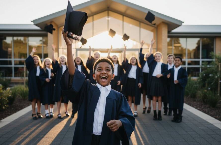 A vibrant, candid photograph capturing heartfelt school photography moments Tottenham Victoria, showing a group of diverse primary school students joyfully celebrating graduation with caps in the air on a sunny day near Tottenham train station, professionally composed with natural light and warm tones.