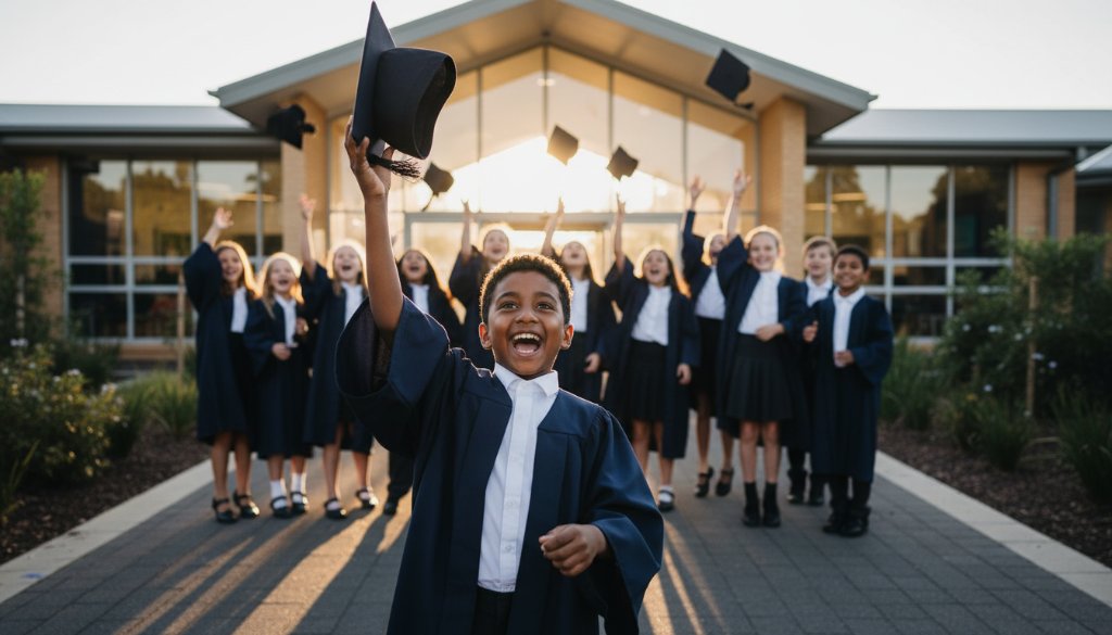 A vibrant, candid photograph capturing heartfelt school photography moments Tottenham Victoria, showing a group of diverse primary school students joyfully celebrating graduation with caps in the air on a sunny day near Tottenham train station, professionally composed with natural light and warm tones.