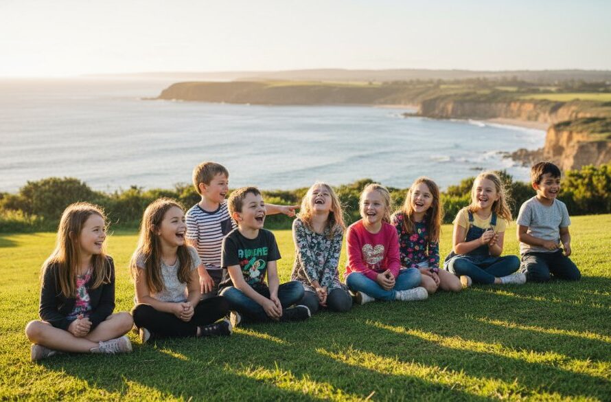 A heartwarming, professional photograph showcasing heartfelt school photography Portland Victoria capturing genuine smiles of a group of primary school children laughing naturally outdoors in front of Portland's iconic coastline, bathed in golden hour light, celebrating their friendship and school experience.