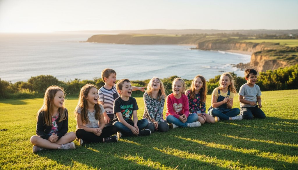 A heartwarming, professional photograph showcasing heartfelt school photography Portland Victoria capturing genuine smiles of a group of primary school children laughing naturally outdoors in front of Portland's iconic coastline, bathed in golden hour light, celebrating their friendship and school experience.