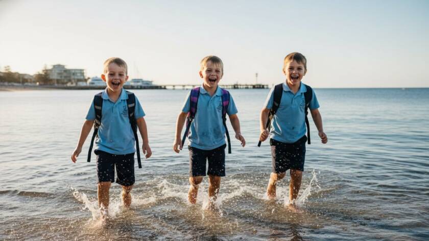 A joyful group of primary school children in Sandringham, Victoria, laughing and cheering by the iconic Sandringham Yacht Club pier at sunset, with golden light illuminating their faces, captured for heartfelt school photography Sandringham memories.