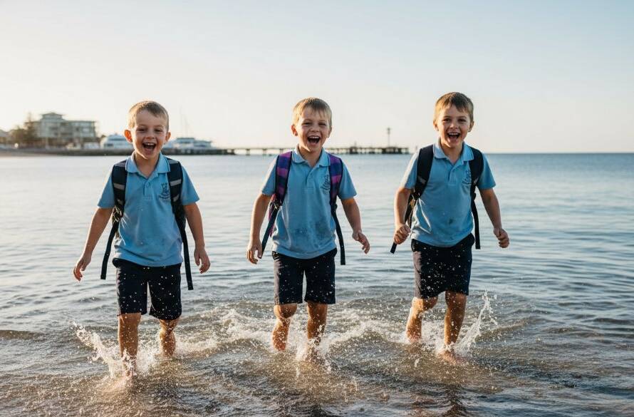 A joyful group of primary school children in Sandringham, Victoria, laughing and cheering by the iconic Sandringham Yacht Club pier at sunset, with golden light illuminating their faces, captured for heartfelt school photography Sandringham memories.