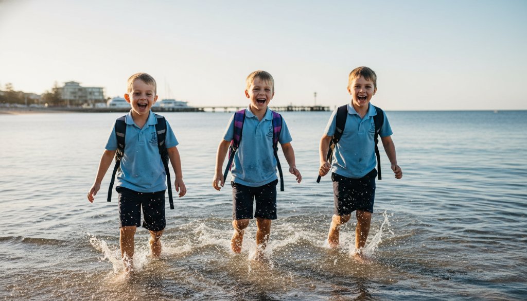 A joyful group of primary school children in Sandringham, Victoria, laughing and cheering by the iconic Sandringham Yacht Club pier at sunset, with golden light illuminating their faces, captured for heartfelt school photography Sandringham memories.