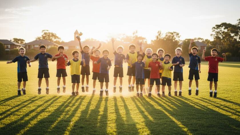 An energetic, sun-drenched photograph capturing a group of primary school children from Croydon, Victoria, laughing joyfully during an outdoor activity, embodying the spirit of heartfelt school portraits Croydon VIC.