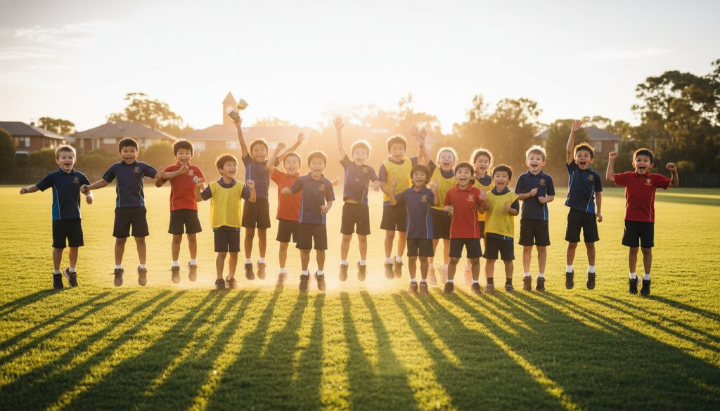 An energetic, sun-drenched photograph capturing a group of primary school children from Croydon, Victoria, laughing joyfully during an outdoor activity, embodying the spirit of heartfelt school portraits Croydon VIC.