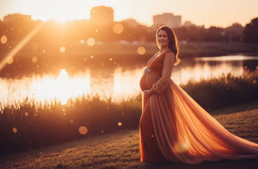 An expectant mother in a flowing gown, silhouetted against a golden sunset over the Maribyrnong River in Tottenham, embodying a heartfelt Tottenham maternity photography experience, a cinematic wide shot.