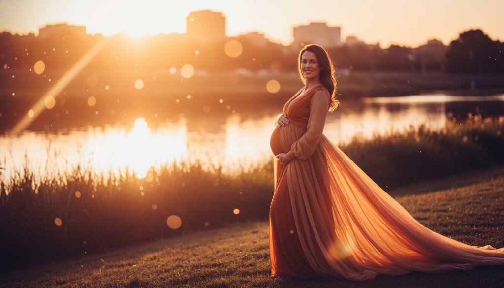 An expectant mother in a flowing gown, silhouetted against a golden sunset over the Maribyrnong River in Tottenham, embodying a heartfelt Tottenham maternity photography experience, a cinematic wide shot.