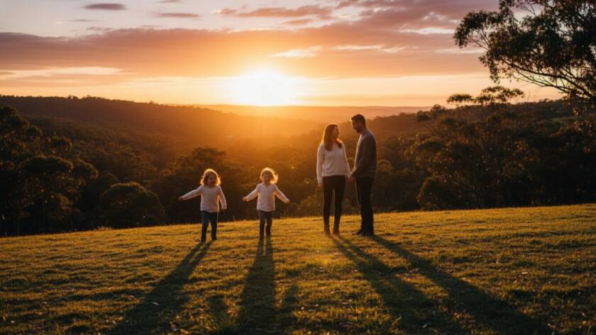A heartwarming and dramatic 'epic moment' photograph capturing heartfelt Wonga Park family photography for genuine memories, featuring a family laughing joyously together in a sun-drenched, rustic Wonga Park landscape at golden hour, with soft, artistic bokeh and vibrant colours.
