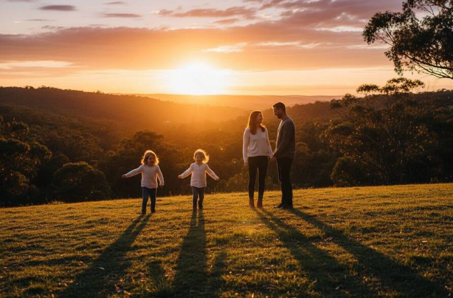 A heartwarming and dramatic 'epic moment' photograph capturing heartfelt Wonga Park family photography for genuine memories, featuring a family laughing joyously together in a sun-drenched, rustic Wonga Park landscape at golden hour, with soft, artistic bokeh and vibrant colours.