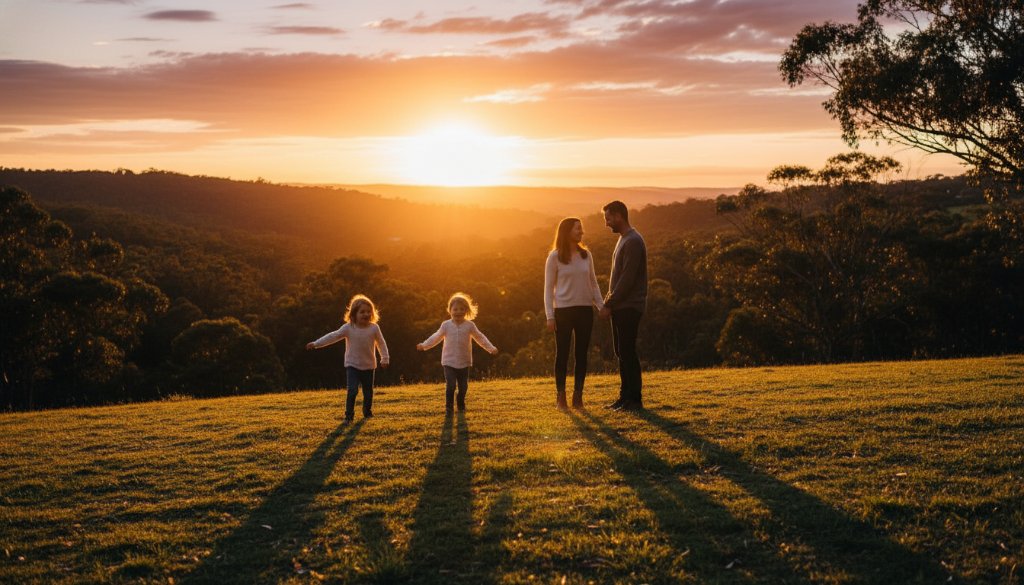 A heartwarming and dramatic 'epic moment' photograph capturing heartfelt Wonga Park family photography for genuine memories, featuring a family laughing joyously together in a sun-drenched, rustic Wonga Park landscape at golden hour, with soft, artistic bokeh and vibrant colours.