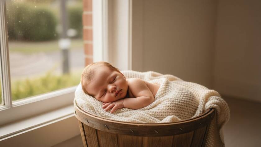 A heartwarming baby photos Carnegie Victoria portrait featuring a peacefully sleeping newborn wrapped in soft fabrics, bathed in golden natural light, with a parent's gentle hand caressing their head, conveying profound love and serenity.