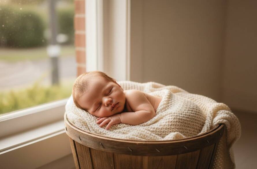 A heartwarming baby photos Carnegie Victoria portrait featuring a peacefully sleeping newborn wrapped in soft fabrics, bathed in golden natural light, with a parent's gentle hand caressing their head, conveying profound love and serenity.
