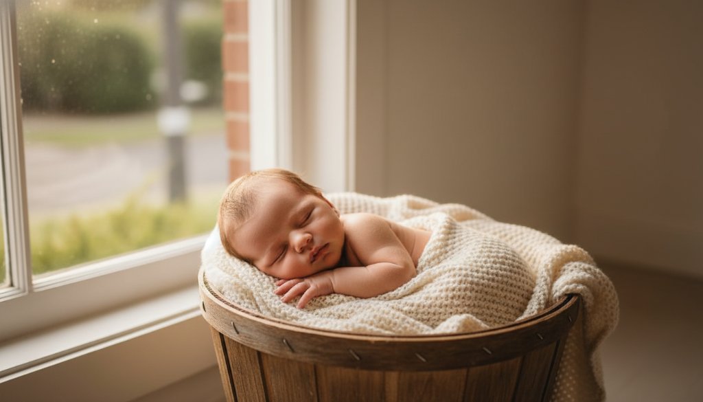 A heartwarming baby photos Carnegie Victoria portrait featuring a peacefully sleeping newborn wrapped in soft fabrics, bathed in golden natural light, with a parent's gentle hand caressing their head, conveying profound love and serenity.