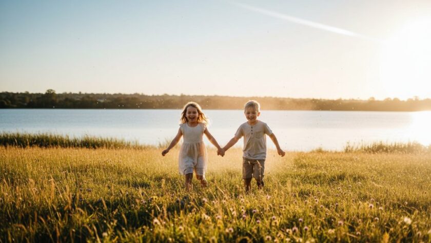 A heartwarming Ballarat Central kids photography adventures scene featuring two children laughing joyfully as they chase bubbles in the golden afternoon light at Lake Wendouree, showcasing their playful spirit with dramatic, professional lighting.