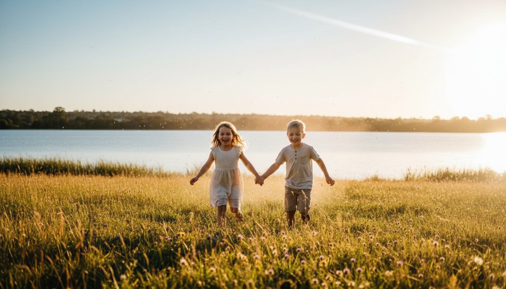 A heartwarming Ballarat Central kids photography adventures scene featuring two children laughing joyfully as they chase bubbles in the golden afternoon light at Lake Wendouree, showcasing their playful spirit with dramatic, professional lighting.