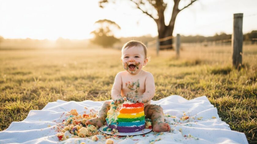 A heartwarming cake smash photography Huntly VIC image capturing a baby mid-laugh, covered in cake, against a rustic Australian backdrop, with golden hour sunlight.