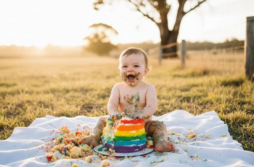 A heartwarming cake smash photography Huntly VIC image capturing a baby mid-laugh, covered in cake, against a rustic Australian backdrop, with golden hour sunlight.