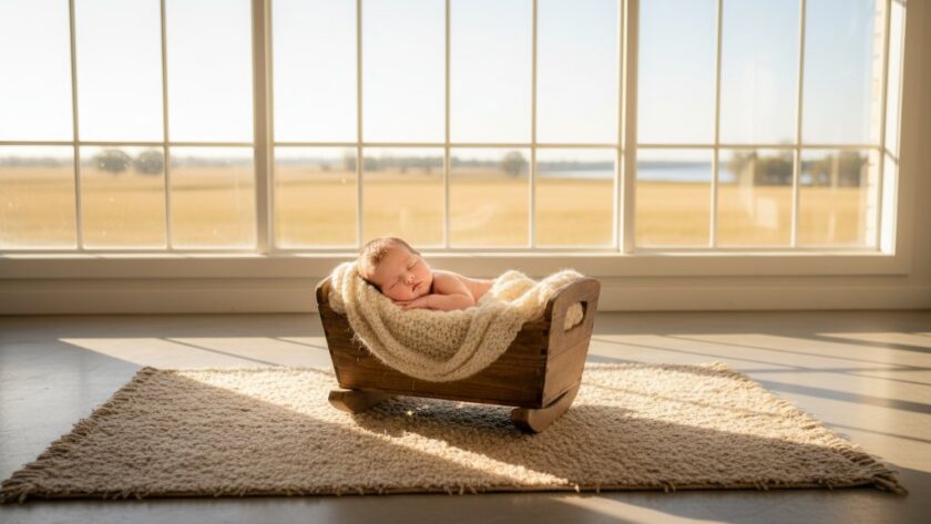 An intimate, heartwarming Cobram newborn photography artistry portrait showing a sleeping baby swaddled in soft fabrics, bathed in golden morning light, evoking peace and new beginnings.