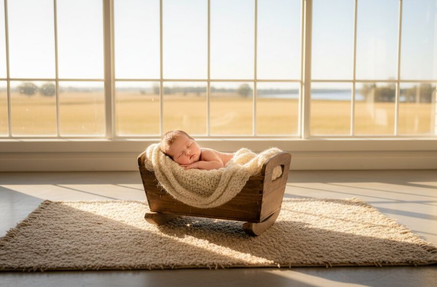 An intimate, heartwarming Cobram newborn photography artistry portrait showing a sleeping baby swaddled in soft fabrics, bathed in golden morning light, evoking peace and new beginnings.