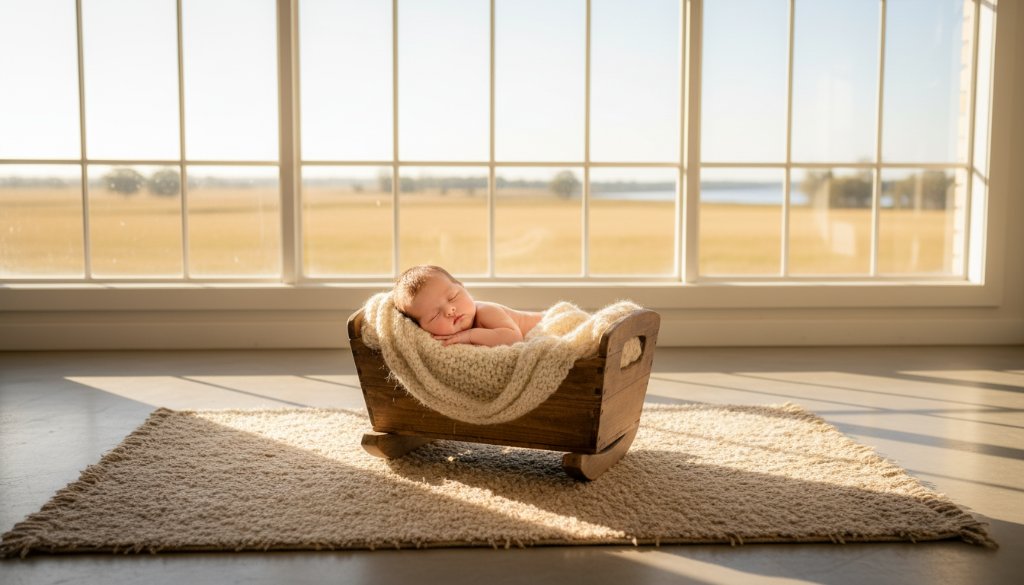 An intimate, heartwarming Cobram newborn photography artistry portrait showing a sleeping baby swaddled in soft fabrics, bathed in golden morning light, evoking peace and new beginnings.