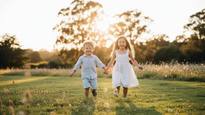A heartwarming kids photography Castlemaine adventure featuring two children laughing joyfully amidst the golden hour glow in Castlemaine Botanical Gardens, capturing an epic, genuine moment of childhood delight.