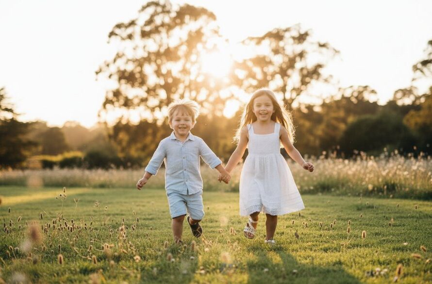 A heartwarming kids photography Castlemaine adventure featuring two children laughing joyfully amidst the golden hour glow in Castlemaine Botanical Gardens, capturing an epic, genuine moment of childhood delight.