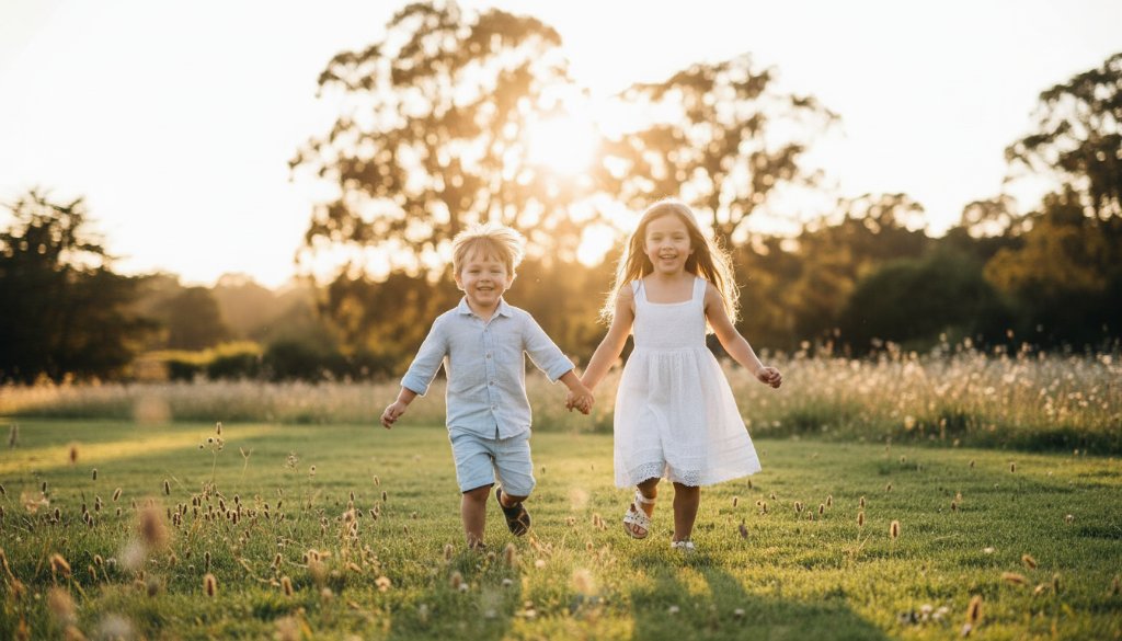 A heartwarming kids photography Castlemaine adventure featuring two children laughing joyfully amidst the golden hour glow in Castlemaine Botanical Gardens, capturing an epic, genuine moment of childhood delight.