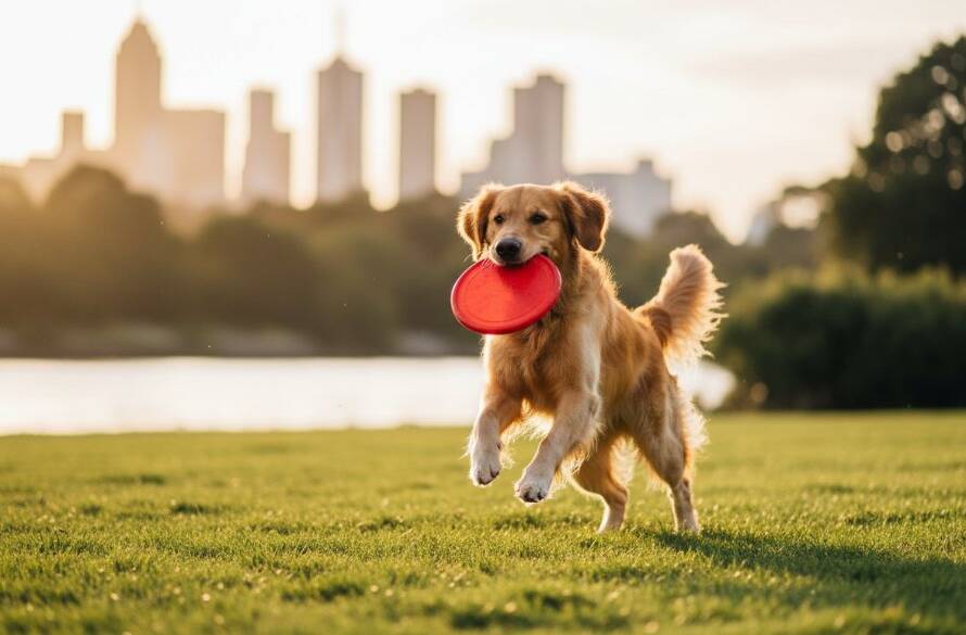 A heartwarming Maribyrnong pet photography capturing genuine joy, showing a golden retriever mid-leap with a frisbee at Footscray Park, golden hour sun creating a dramatic halo, reflecting its playful spirit.