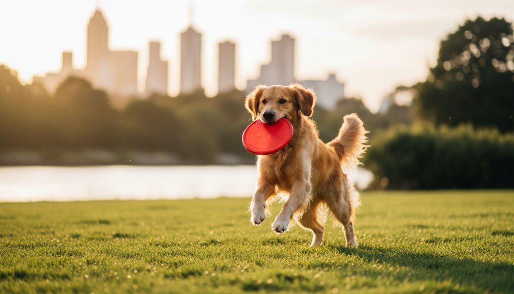 A heartwarming Maribyrnong pet photography capturing genuine joy, showing a golden retriever mid-leap with a frisbee at Footscray Park, golden hour sun creating a dramatic halo, reflecting its playful spirit.